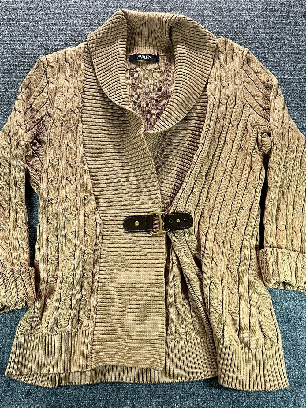 Lauren Ralph Lauren black label Brown Tan Cable Knit Buckle Cardigan Sweater XL